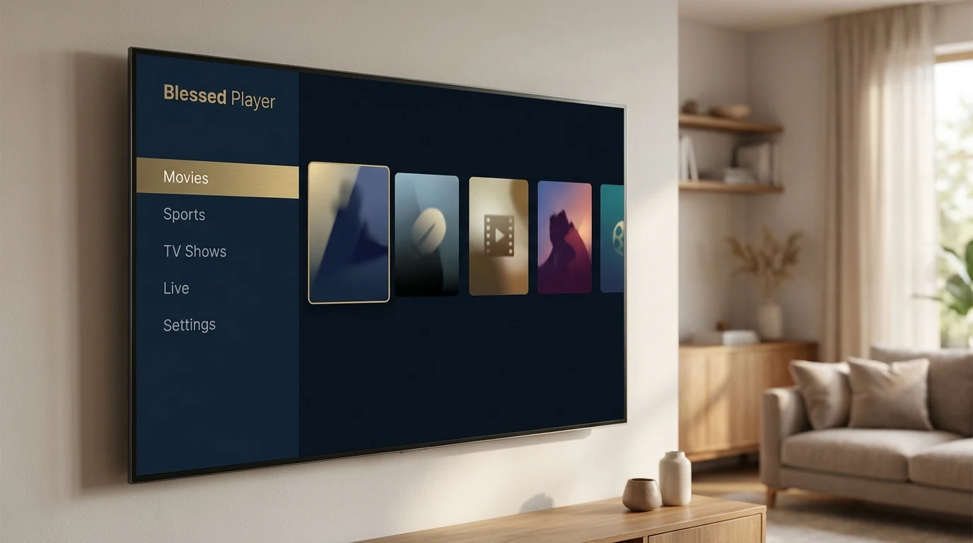 Blessed Player — interface do app em Smart TV e celular, tema escuro com gradiente âmbar