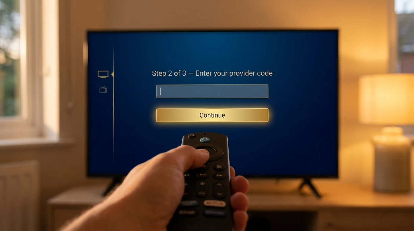 Processo de configuração do Blessed Player em Smart TV — tela de ativação com código, menu do app aberto