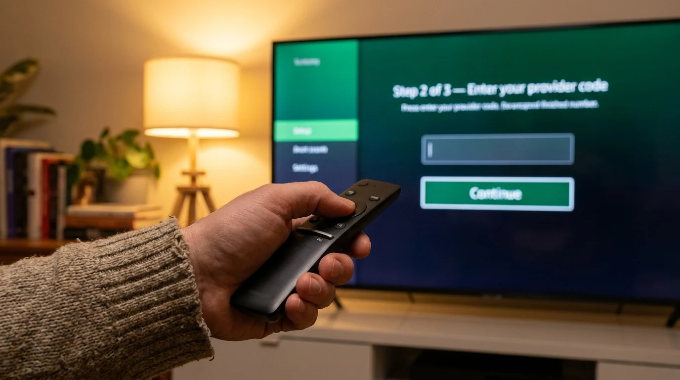 Processo de configuração do Box em Smart TV — tela de ativação com código, menu do app aberto