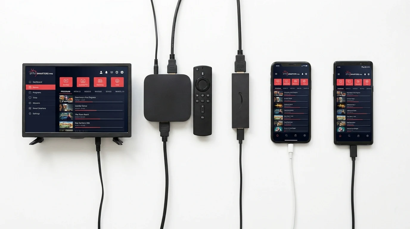 Tabela de compatibilidade do IPTV Smarters Pro com diferentes dispositivos — Smart TV, Android, iPhone