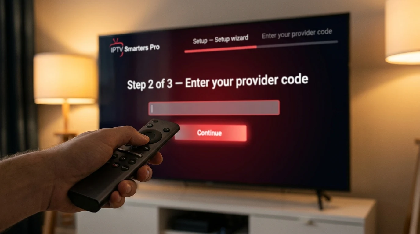 Processo de configuração do IPTV Smarters Pro em Smart TV — tela de ativação com código, menu do app aberto
