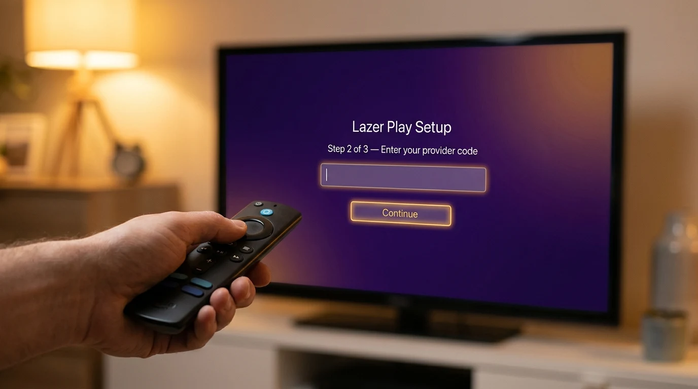 Processo de configuração do Lazer Play em Smart TV — tela de ativação com código, menu do app aberto
