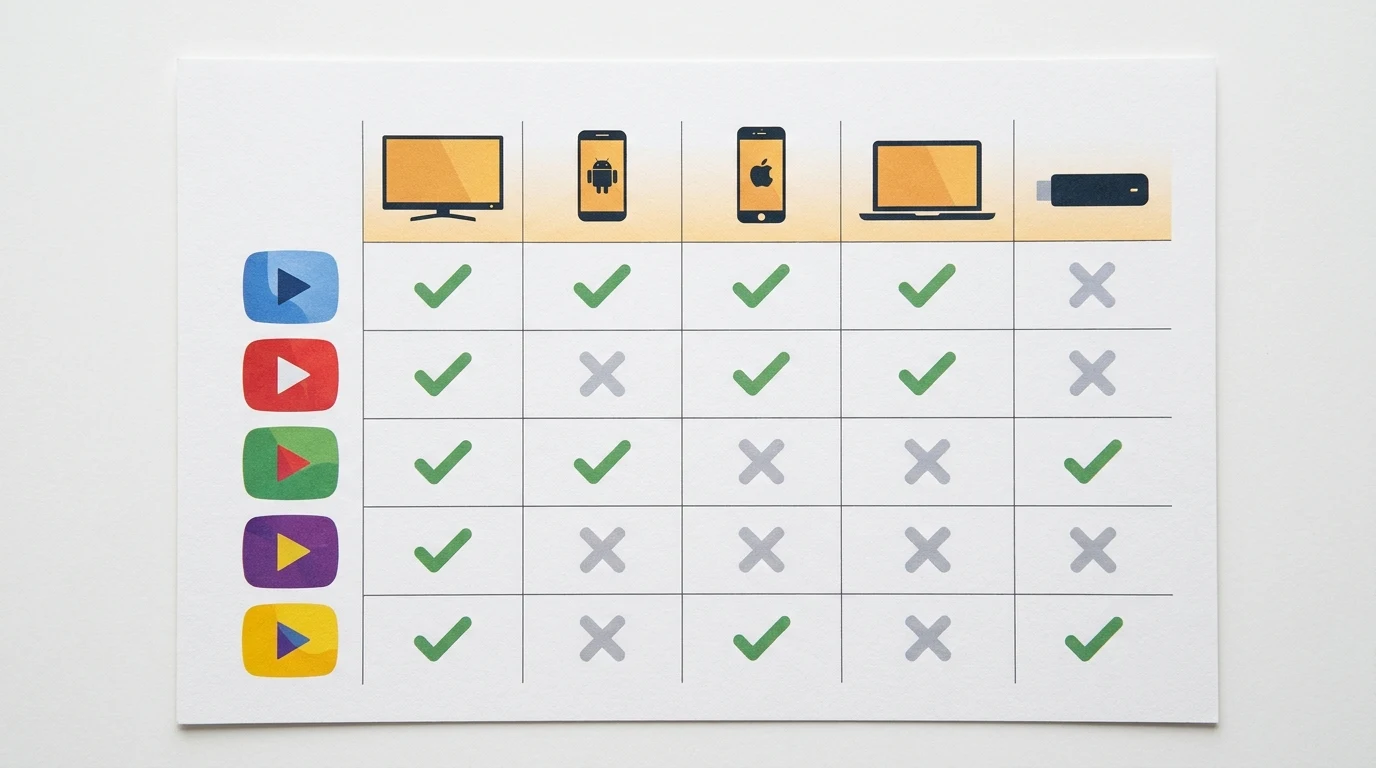 Matriz de compatibilidade de apps de streaming por dispositivo — Smart TV, Android, iPhone, PC, Roku