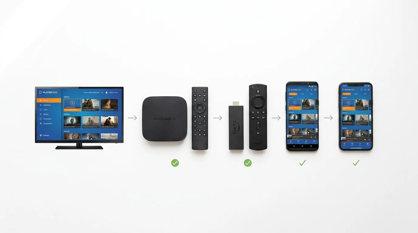 Tabela de compatibilidade do Player Box com diferentes dispositivos — Smart TV, Android, iPhone