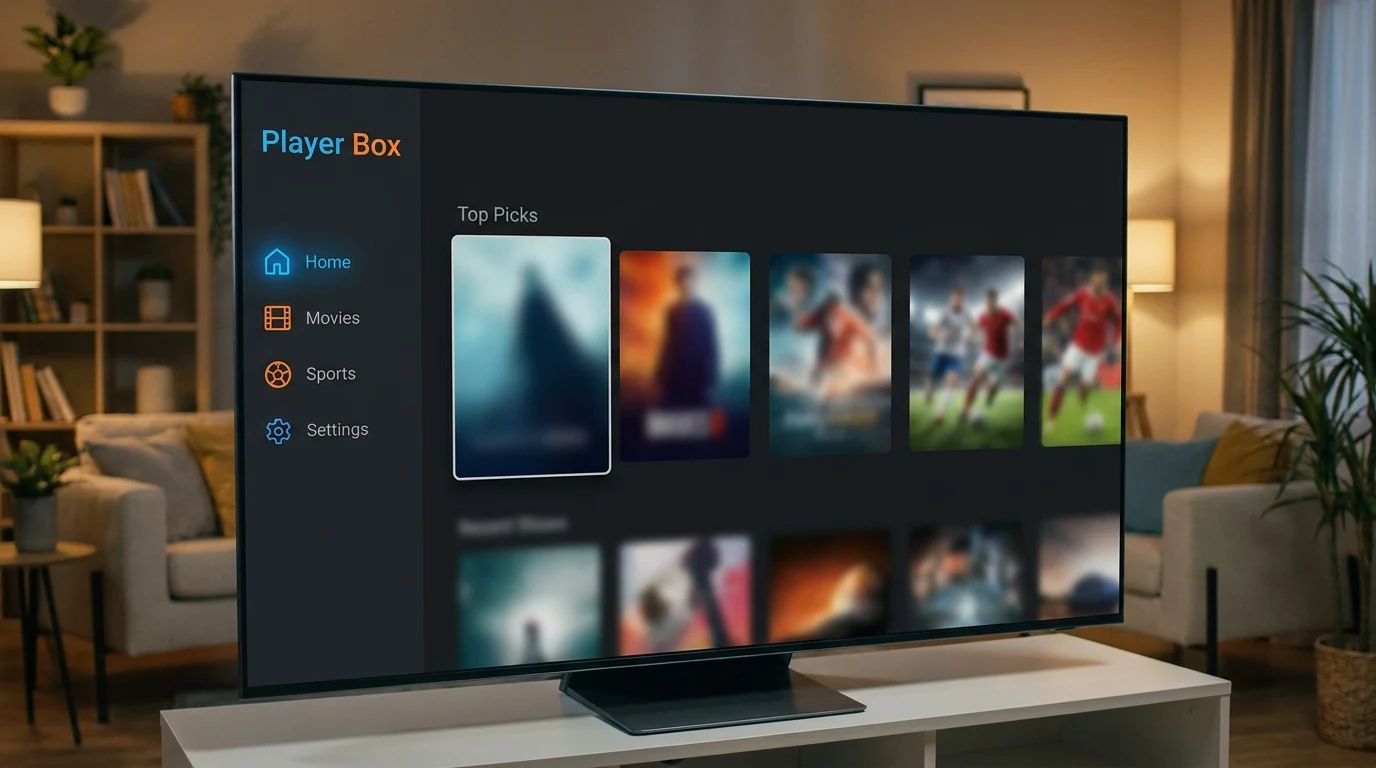 Player Box — interface do app em Smart TV e celular, tema escuro com gradiente âmbar