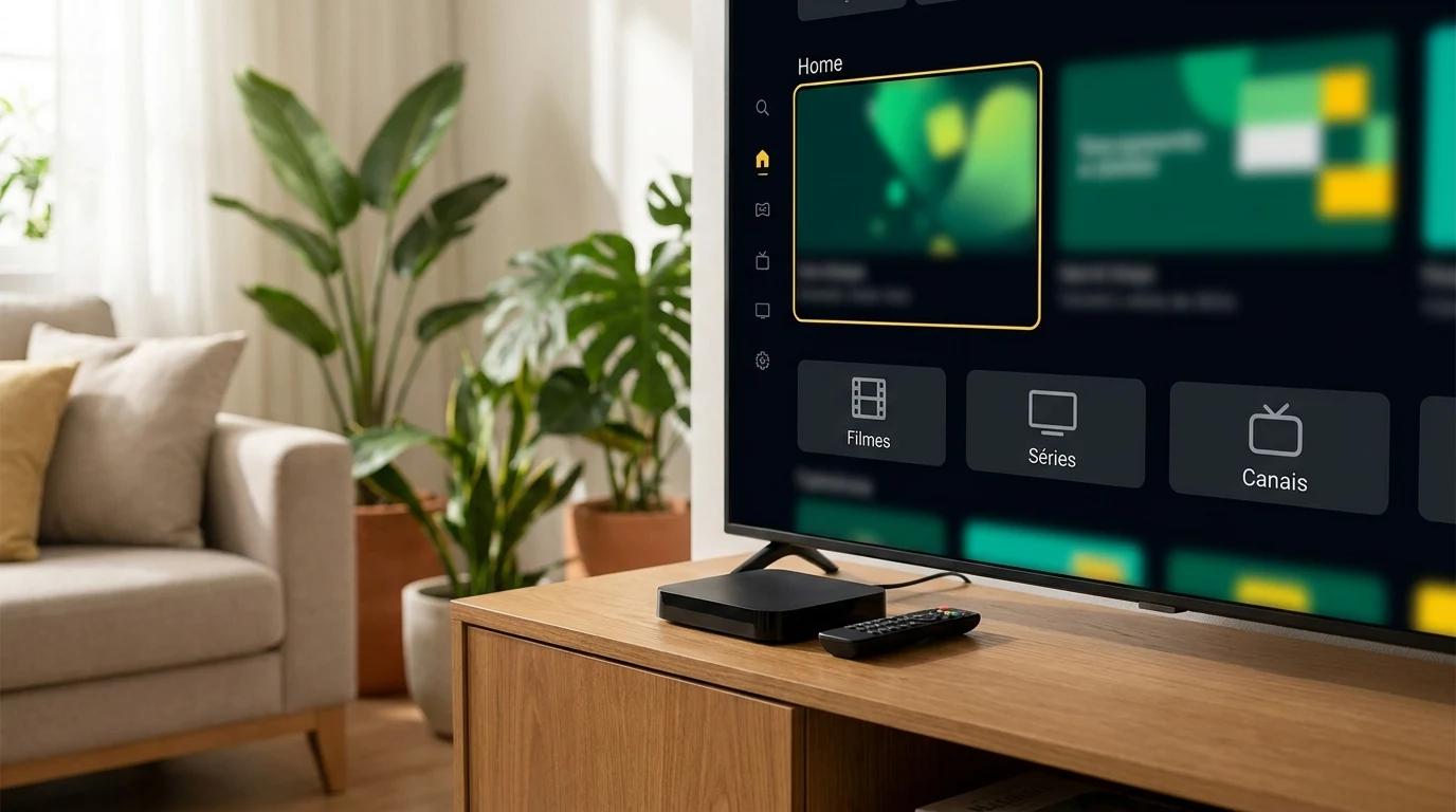 Box — interface do app em Smart TV e celular, tema escuro com gradiente âmbar
