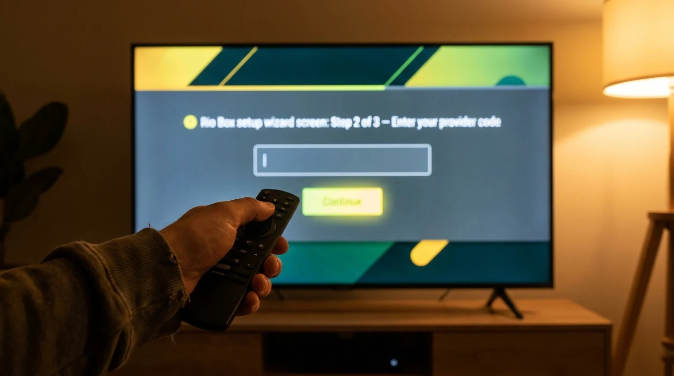 Processo de configuração do Box em Smart TV — tela de ativação com código, menu do app aberto