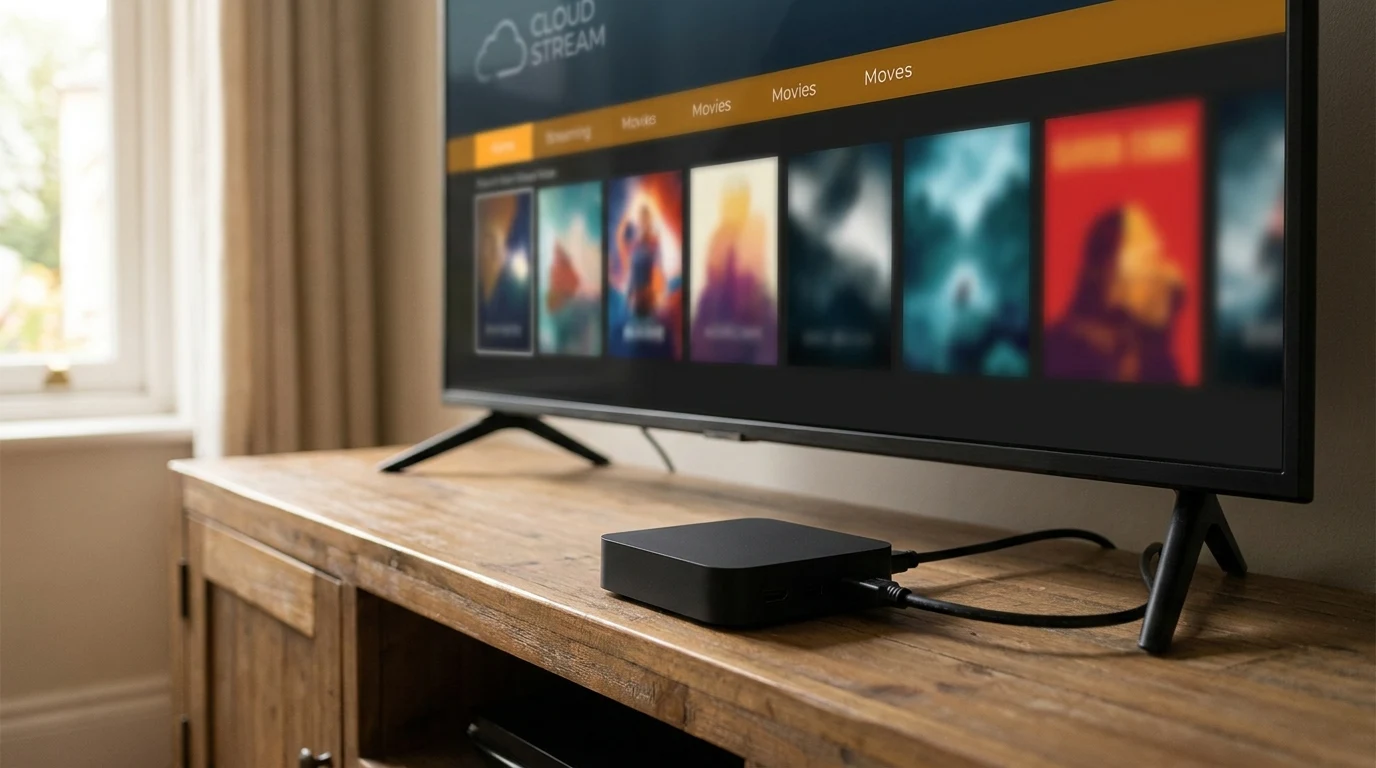 XCloud TV — interface do app em Smart TV e celular, tema escuro com gradiente âmbar