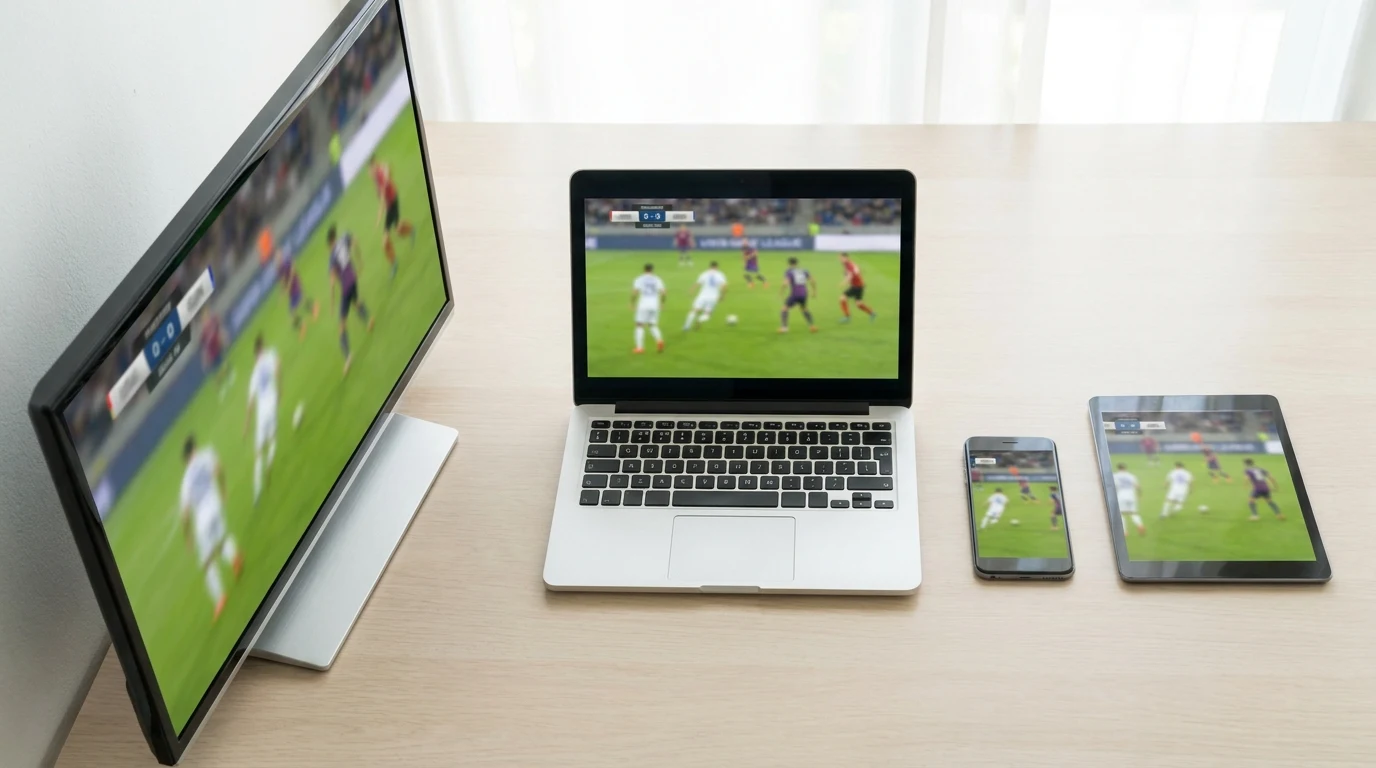 Quatro apps de streaming lado a lado com dispositivos compatíveis — Smart TV, Android, iPhone, computador