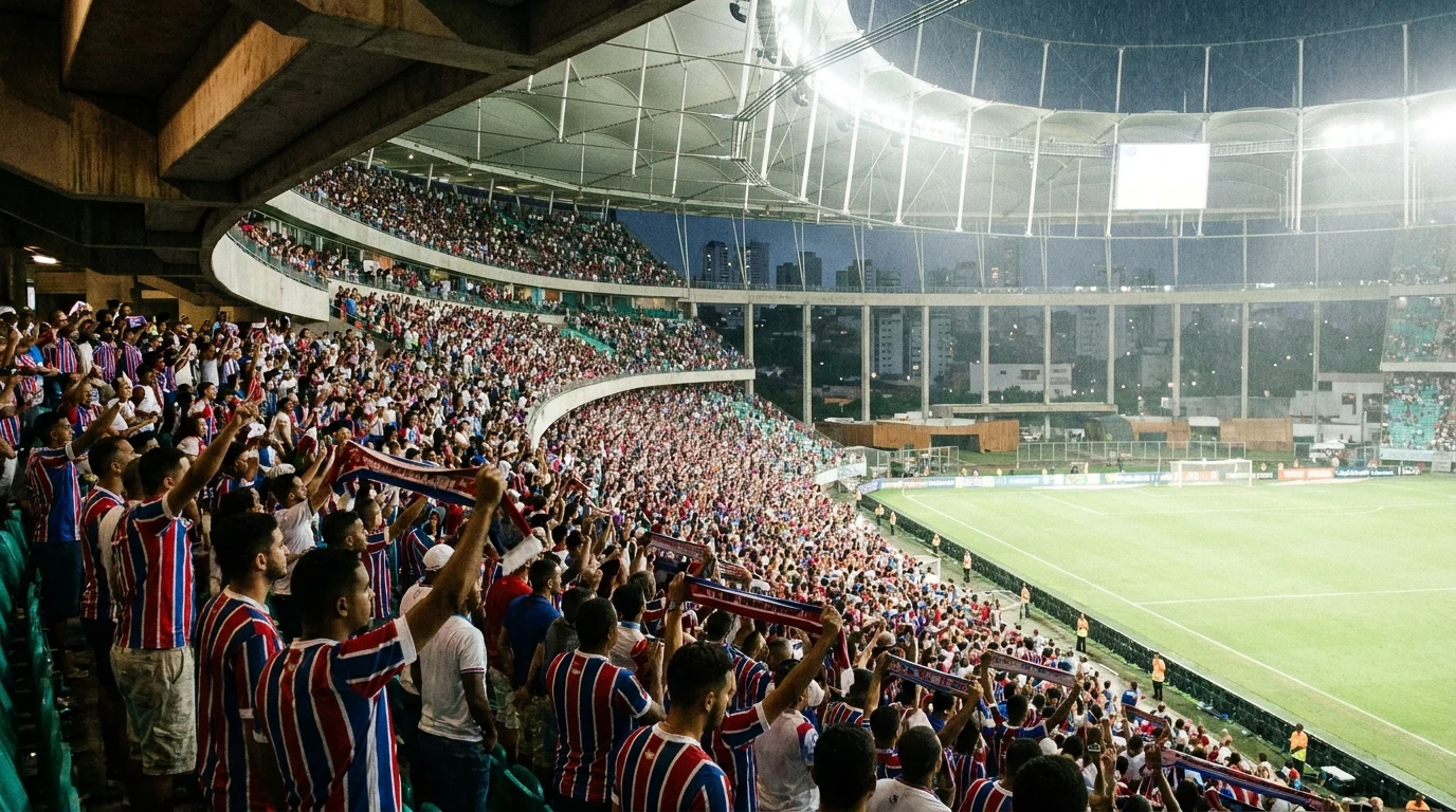 Transmissão ao vivo de futebol do Bahia na Smart TV — interface de app de streaming com campo iluminado