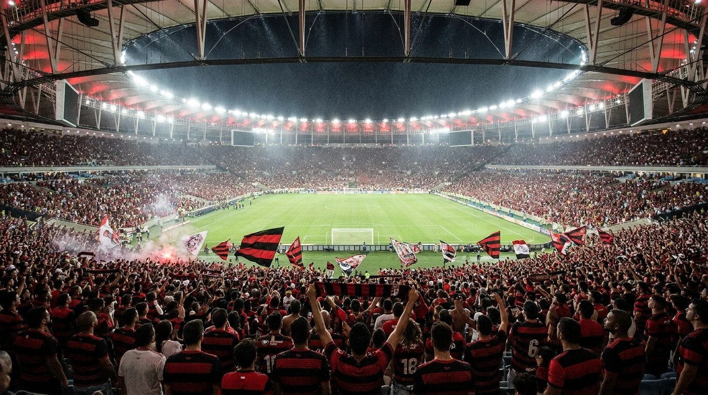Transmissão ao vivo de futebol do Flamengo na Smart TV — interface de app de streaming com campo iluminado