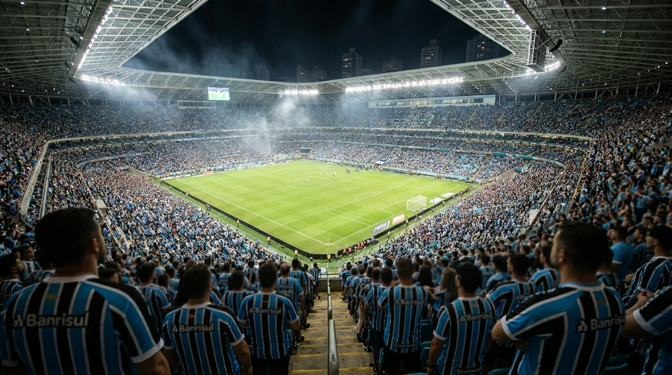 Transmissão ao vivo de futebol do Grêmio na Smart TV — interface de app de streaming com campo iluminado