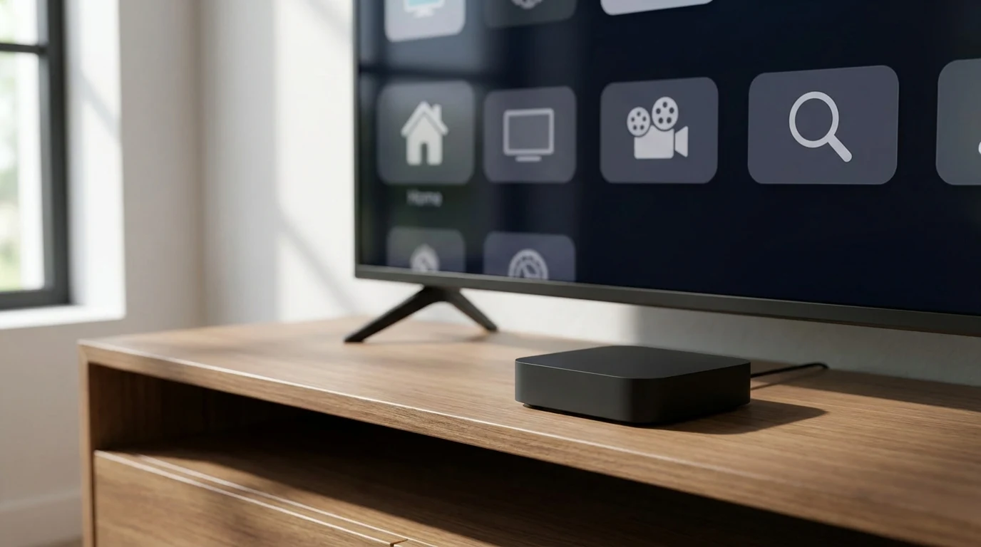 Apple TV com app de streaming configurado — interface do app em tela, visual premium âmbar e navy