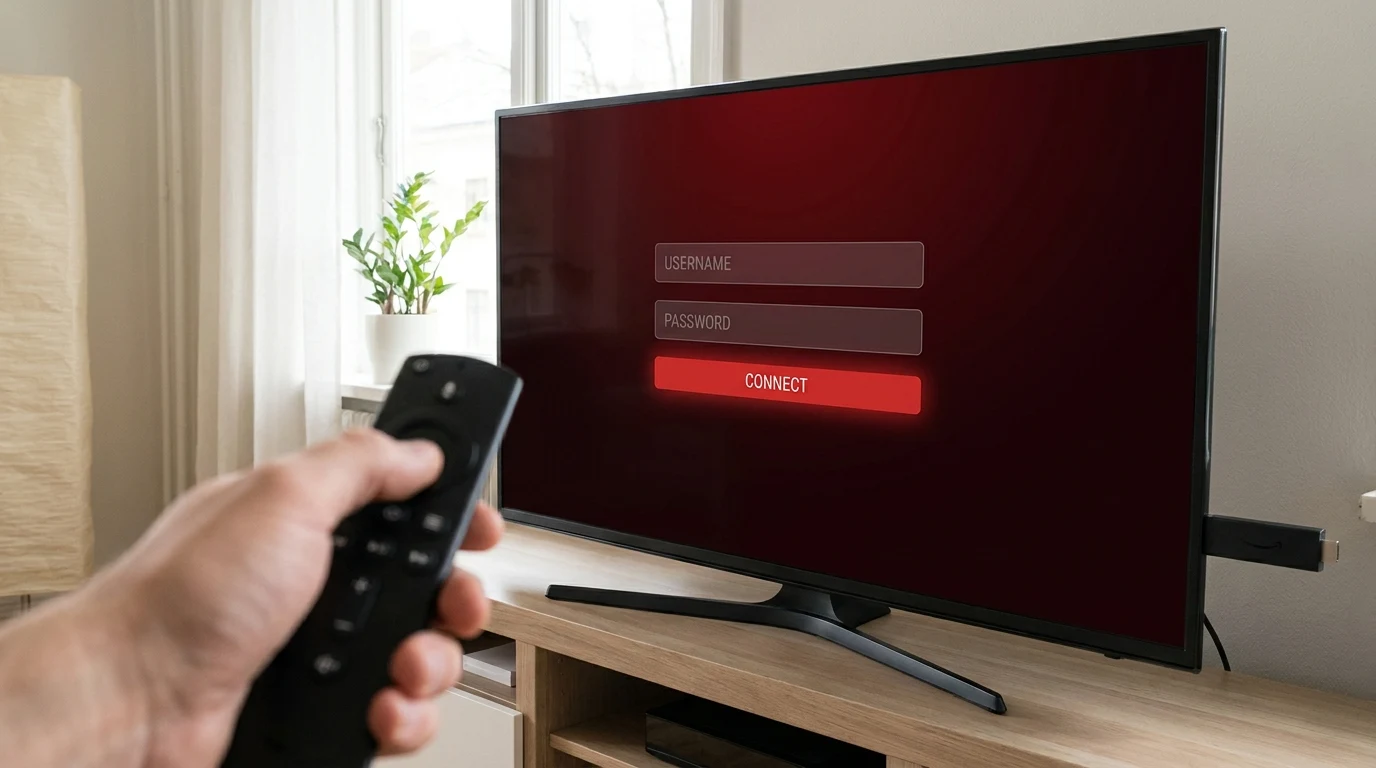 Tela de ativação do IPTV Smarters Pro no Amazon Fire TV Stick — campo de código destacado em âmbar com instruções