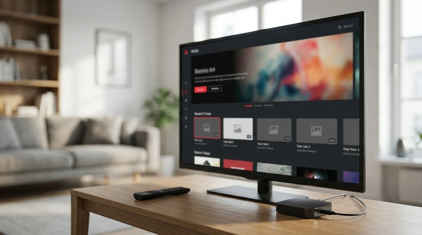 Amazon Fire TV Stick com IPTV Smarters Pro configurado — tela do app aberta exibindo catálogo de conteúdos