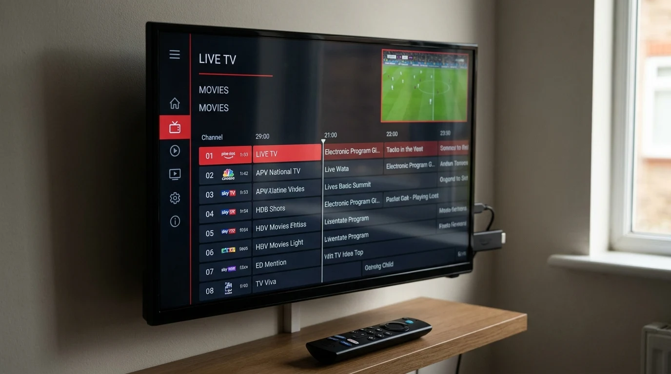 IPTV Smarters Pro funcionando no Amazon Fire TV Stick — catálogo de conteúdo carregado e pronto para assistir