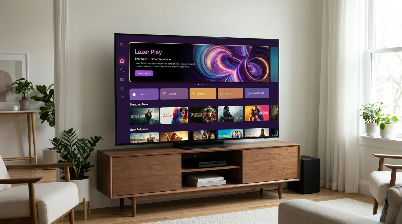 Smart TV LG com Lazer Play configurado — tela do app aberta exibindo catálogo de conteúdos