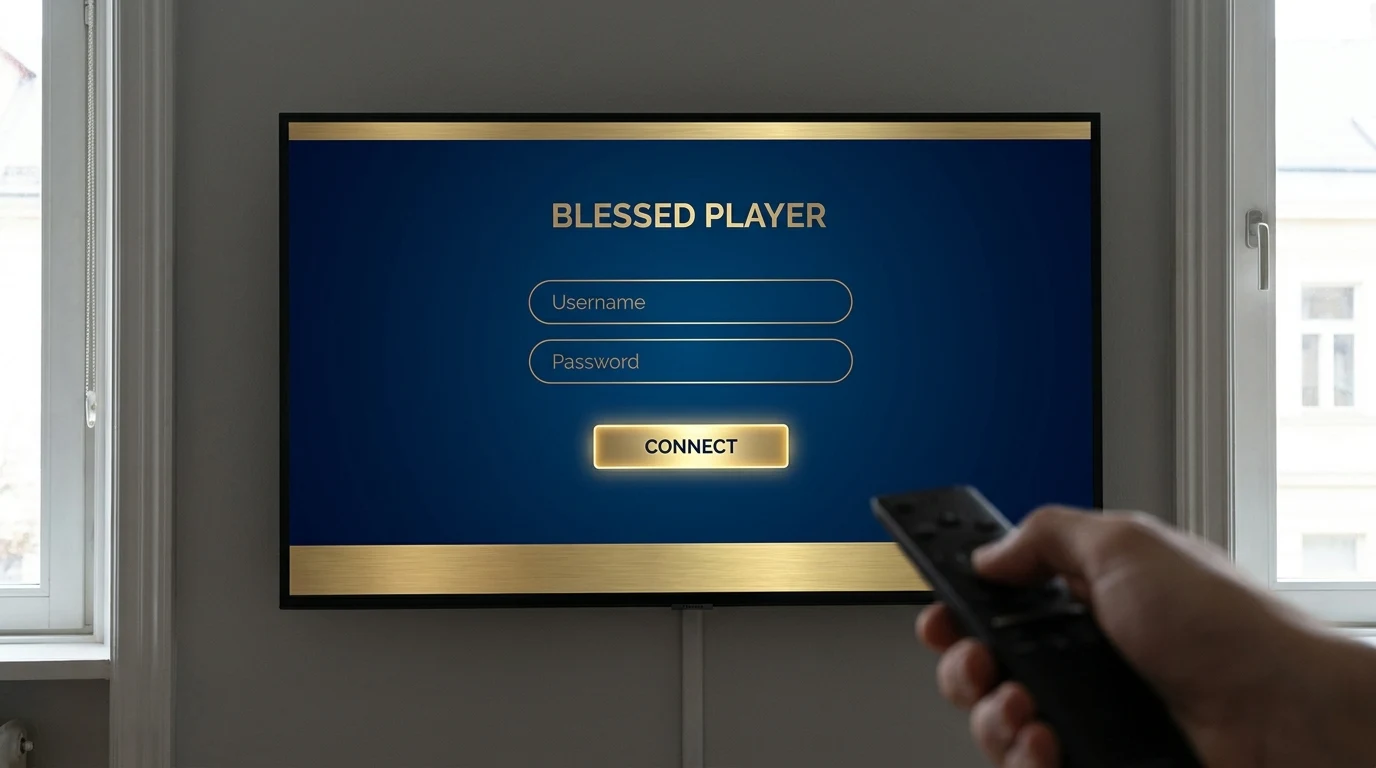 Tela de ativação do Blessed Player no Smart TV Samsung — campo de código destacado em âmbar com instruções