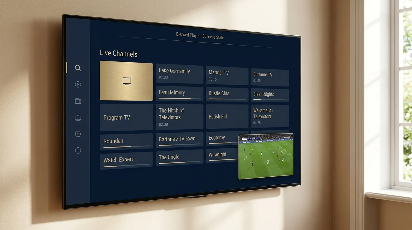 Blessed Player funcionando no Smart TV Samsung — catálogo de conteúdo carregado e pronto para assistir
