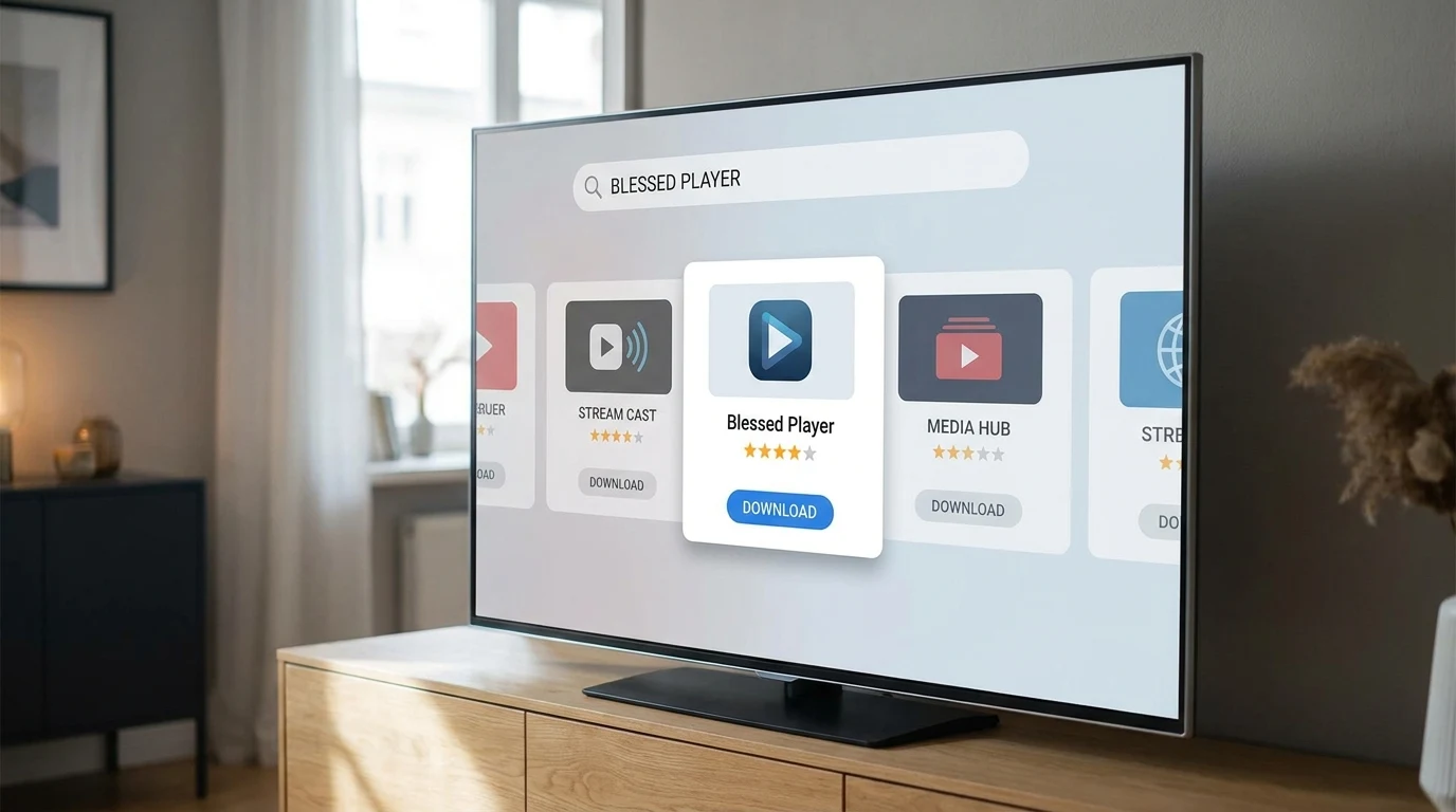 Passo 1 — Abrindo a loja de apps do Smart TV Samsung para instalar o Blessed Player